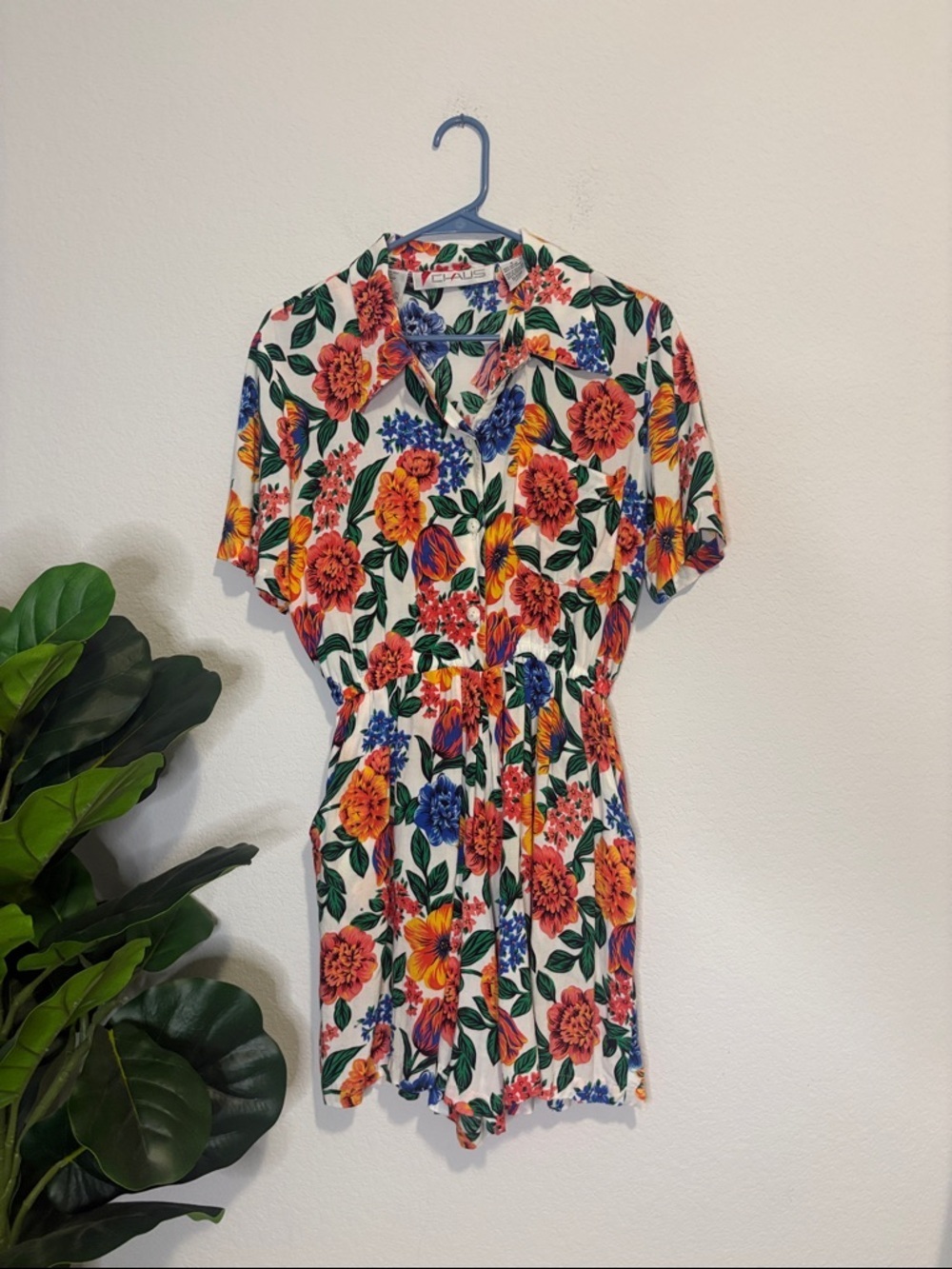 Vintage Chaus Small floral Button Front Romper in White w/ Orange & Blue Blooms